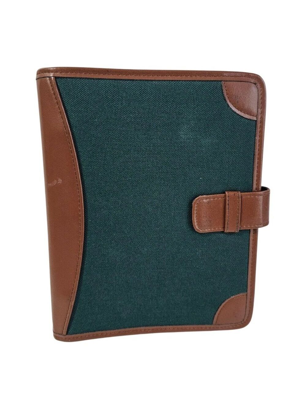 Vintage Day Timer Binder 3 ring Green Canvas Brown Trim Dividers Paper Slot